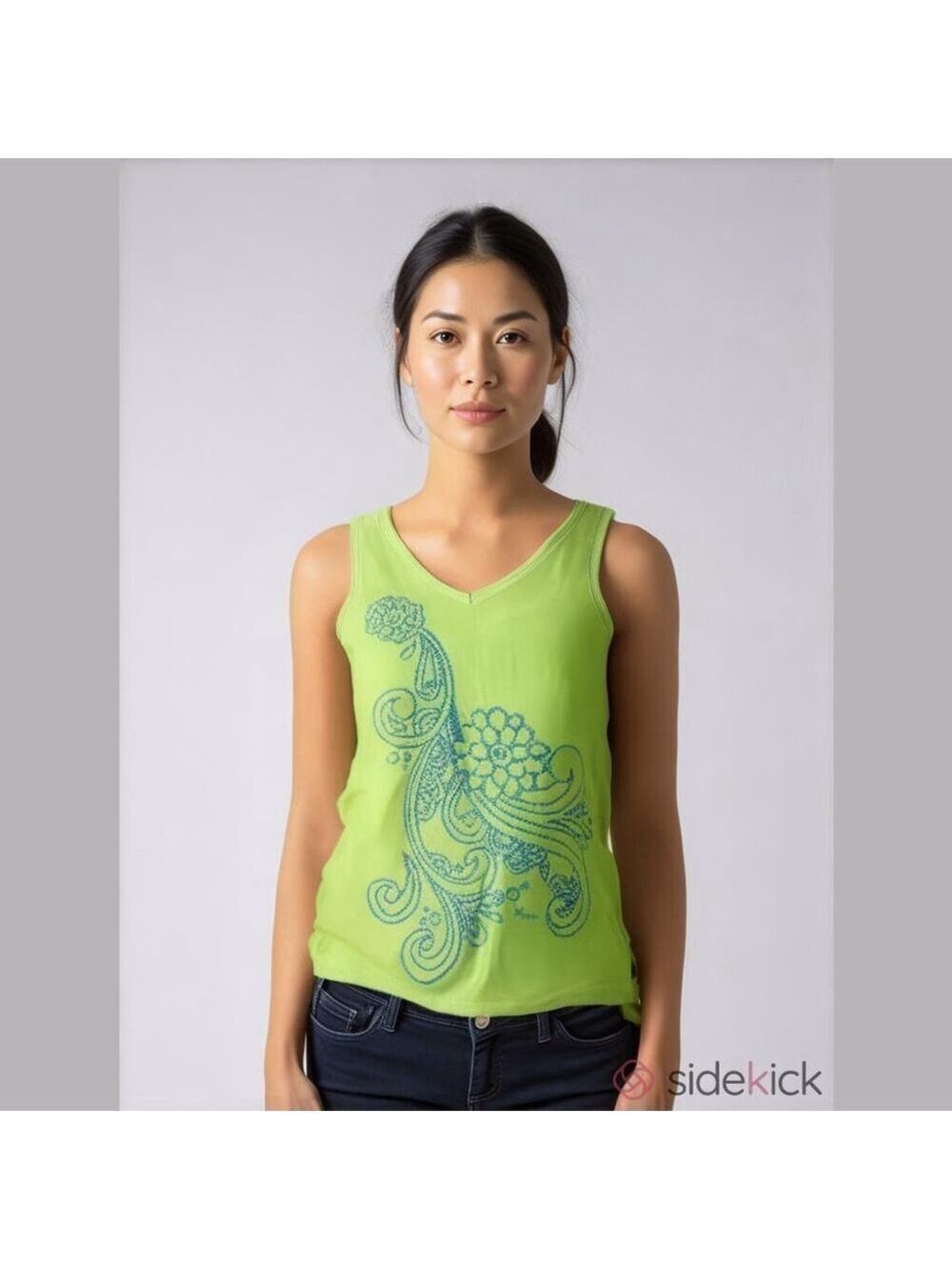 Lime green tank top from Hawaii with blue floral paisley design Maui size medium